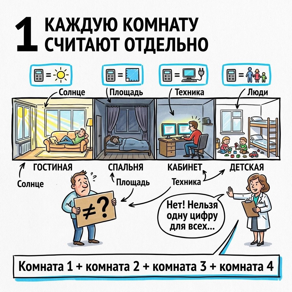 каждую комнату считают отдельно каждую комнату считают отдельно